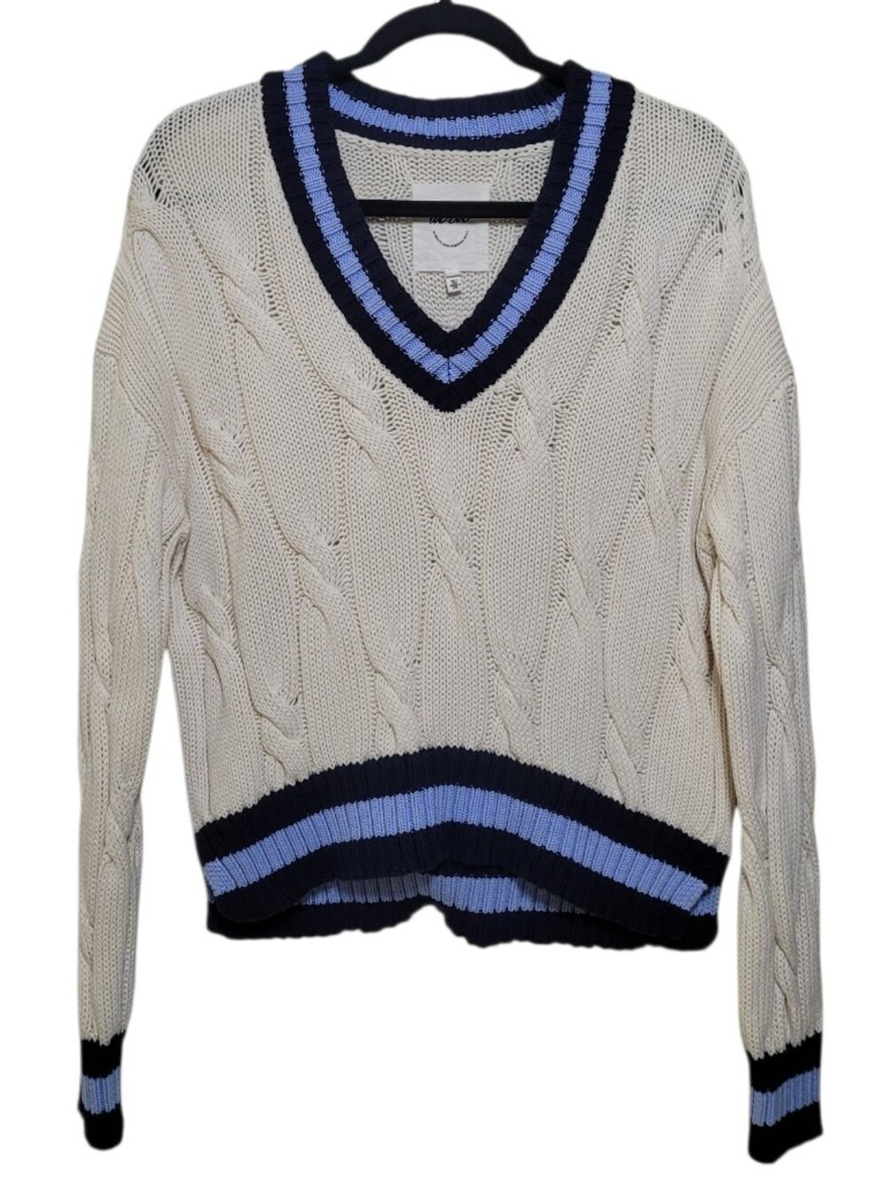 Aerie Striped V Neck Cable Knit Tennis Sweater Ivory Blue XSmall Preppy FLAW